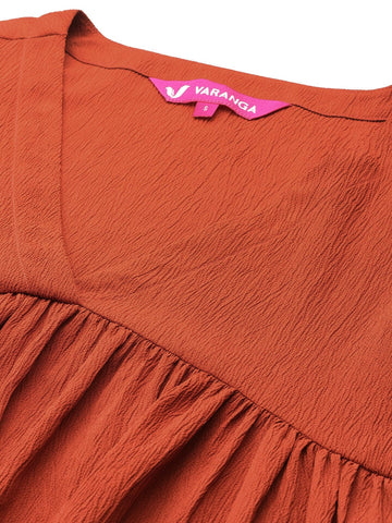 Varanga Women Rust Empire Gathered Details A-Line Kurta Paired With Tonal Bottom